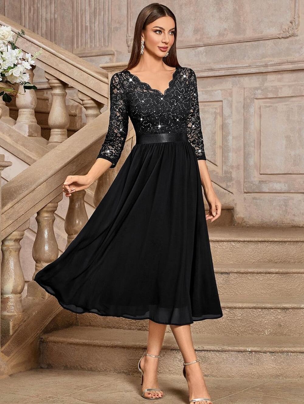 MIUSOL V-Neck Sequin Black Floral Lace NWT Chiffon 3/4 Sleeve Midi Dress XL
